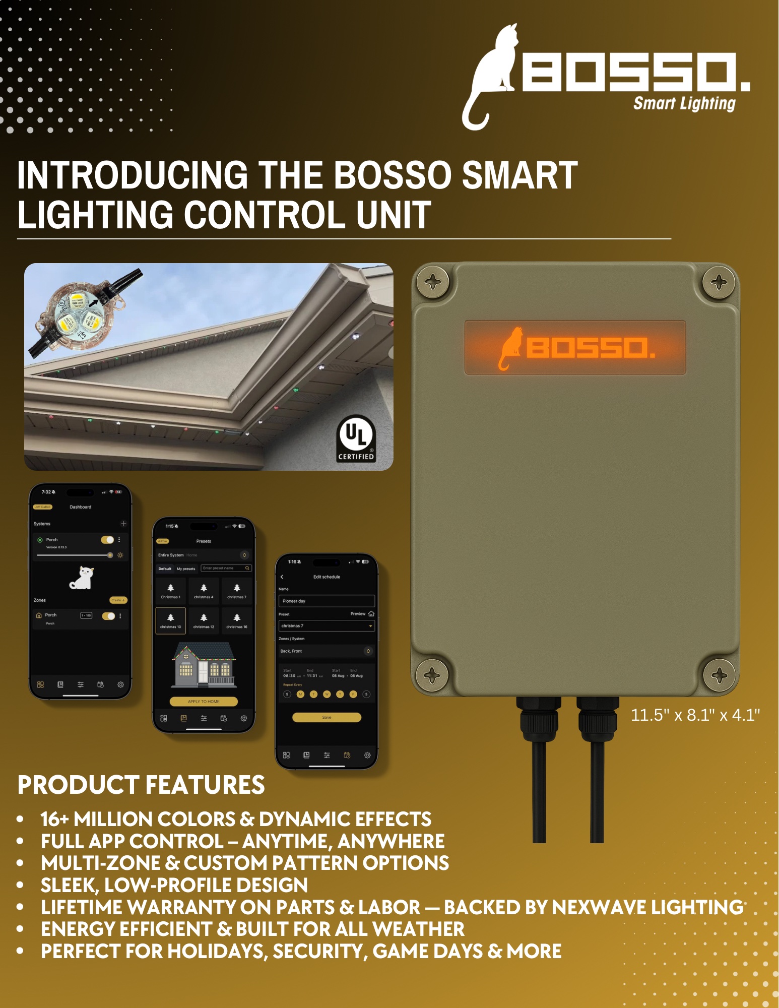 Bosso Smart Lighting Controller unit with app screenshots and product features