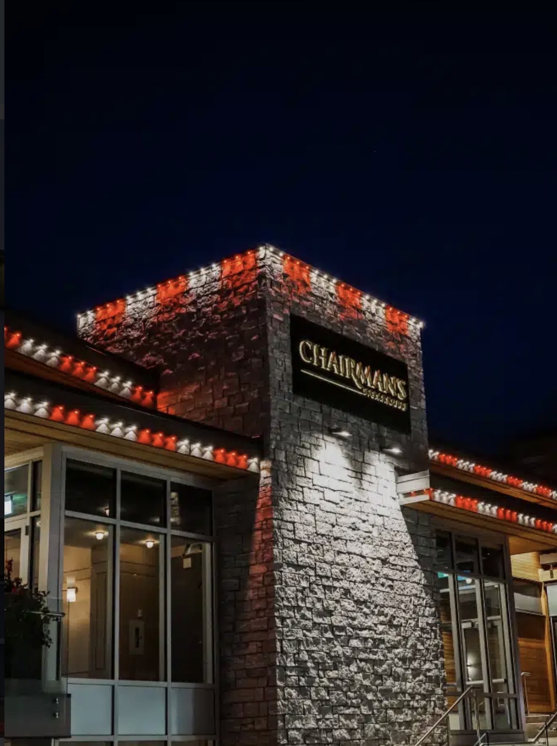 Chairman's Steakhouse with red accent permanent lighting on roofline