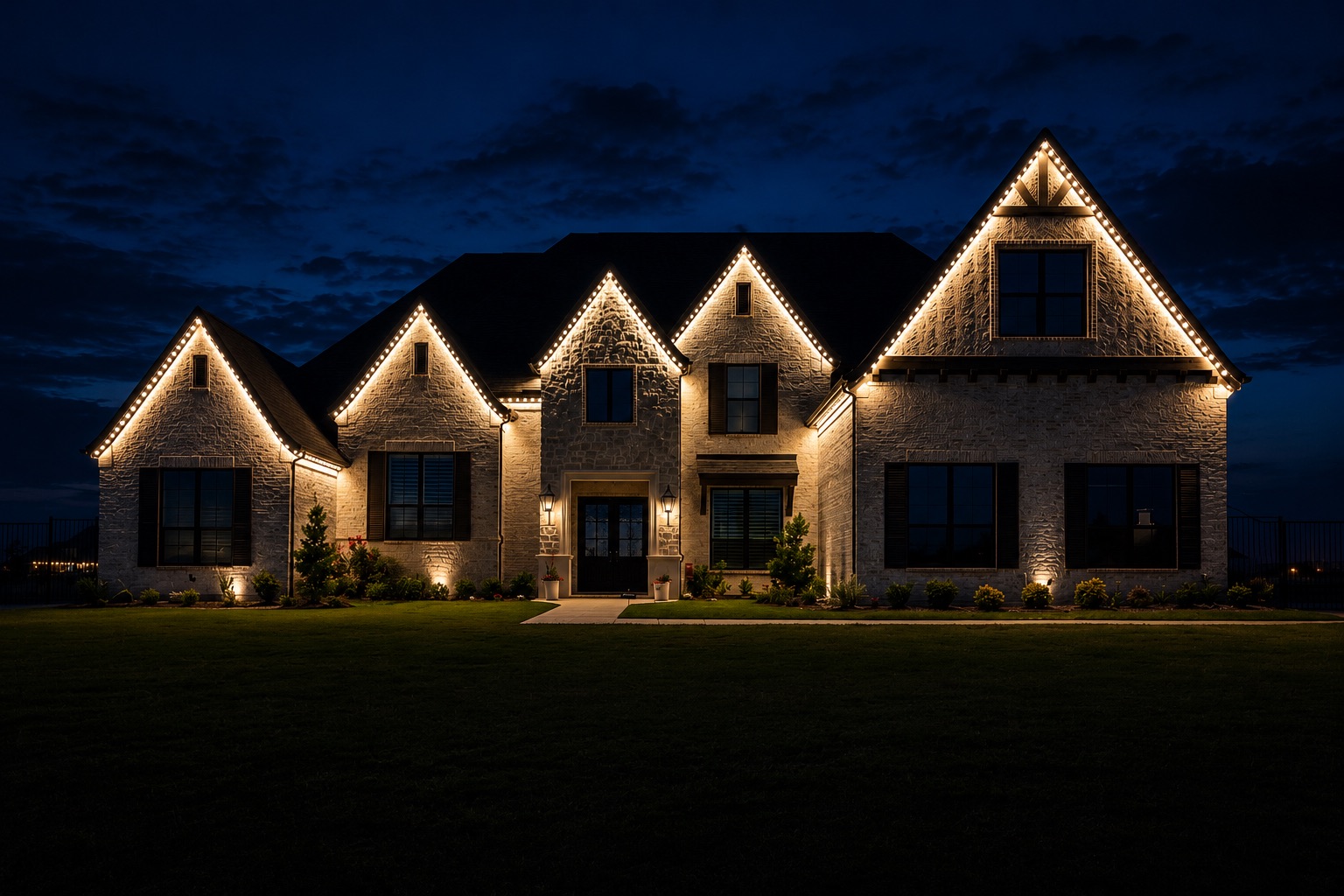 Luxury stone home at twilight with warm permanent LED lighting tracing the rooflines, eaves, and dormers
